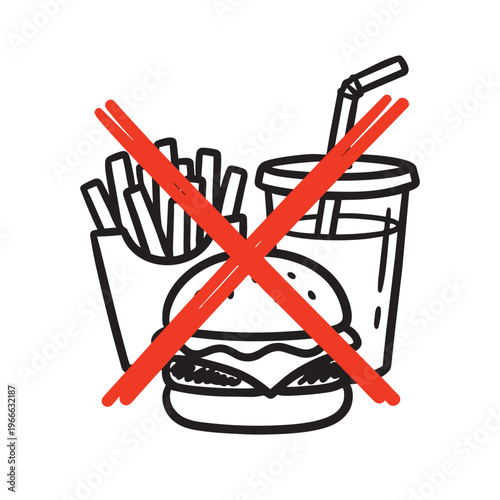 A simple line art illustration featuring a red cross over a burger, fries, and soda. Represents no fast food, diet concepts, banning junk food, and promoting a healthy lifestyle.