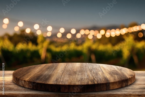 Rustic wood table foreground with blurred vineyard and string lights background