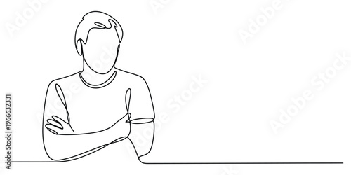 A single continuous line drawing of a young man standing with his arms crossed in a casual pose