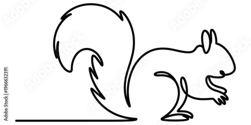 Minimalist single continuous line drawing depicting a cute squirrel with a large bushy tail shape