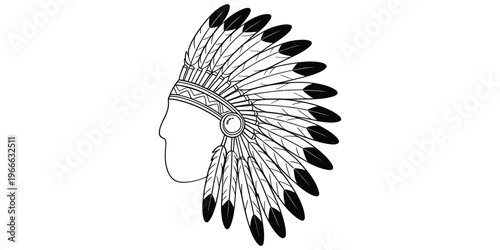 A detailed black and white line art illustration of a traditional native american war bonnet