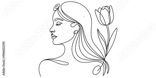 Minimalist continuous line art illustration of a woman profile with a blooming tulip flower stem