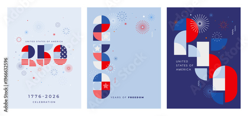 Set of United States of America 250th anniversary celebration posters and banners. Happy 4th of July USA Independence Day cards and invitations.