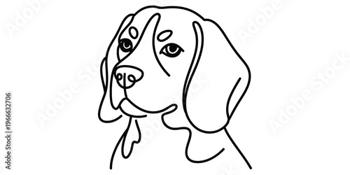 A minimalist black and white line art illustration of a beagle dog looking towards the side view