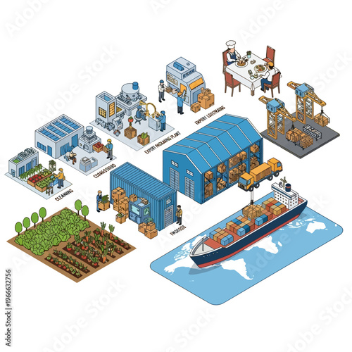 Visual representation of the entire supply chain, from agricultural production to global distribution and consumption.