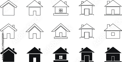 Set of Minimalist House and Home Vector Icons Featuring Outline and Solid Glyph Styles for Real Estate and Architecture Design