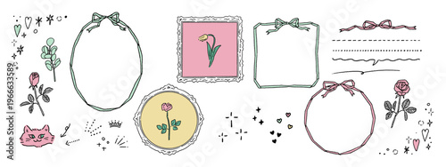 リボンや額縁の手書きフレーム素材、ライン素材、花やキラキラのベクター手書きイラスト素材セット Set of hand-drawn frame elements (ribbons and picture frames), line art, and vector illustrations of flowers and sparkles.