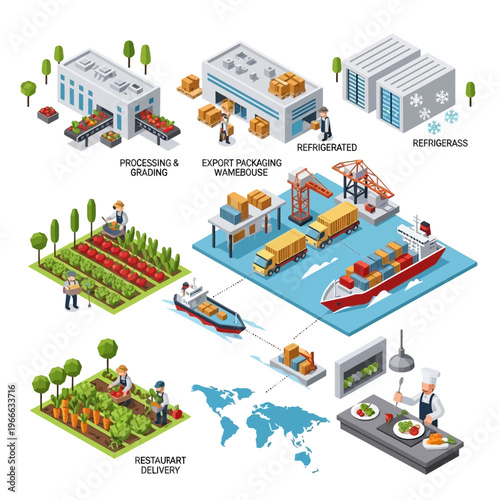 Comprehensive illustration of the agricultural supply chain, from farm to table, including processing, packaging, refrigeration, and global distribution.