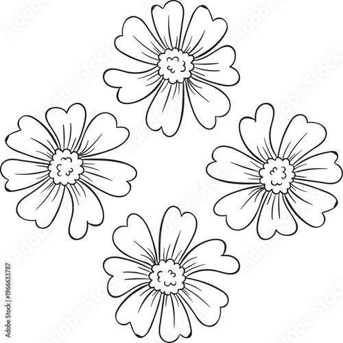 Hand Drawn Floral Outline Illustration Set with Black Line Art Flowers