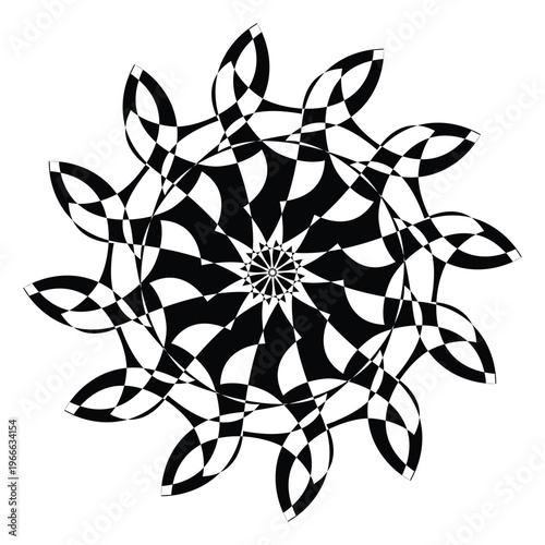 Black White Geometric Mandala Ornament with Abstract Floral Radial Design