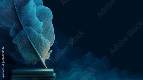 Quill Pen with a Luminous Feather Writing on a Book an Elegant Abstract Concept for Creativity Literature and Storytelling on a Dark Blue Background