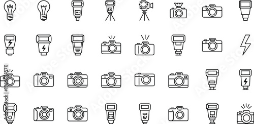 Photography equipment icons set featuring digital camera flash speedlite studio lighting bulb tripod and professional photographic gear technical line art