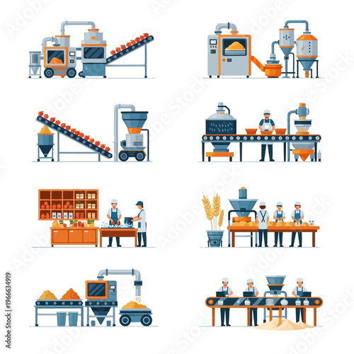 Collection of eight illustrations depicting various stages of food production and processing in industrial settings.