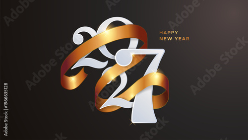 2027 new year celebration with a golden ribbon elegantly wrapping around the white numbers against a dark gradient background symbolizing a festive and prosperous upcoming year