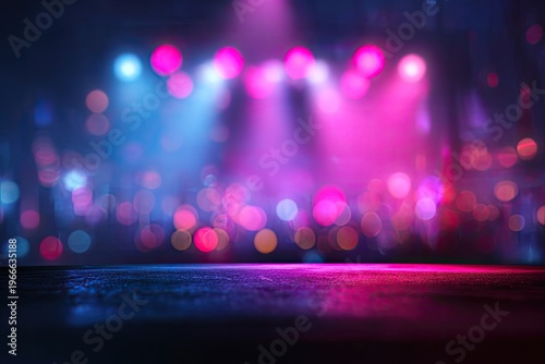 Abstract bokeh lights of pink and blue illuminate a stage floor