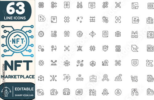 63 NFT Marketplace Icon Set, Digital Art, Blockchain, Crypto Trading Platform, NFT Collection, Token Exchange and Web3 Technology Vector Icons