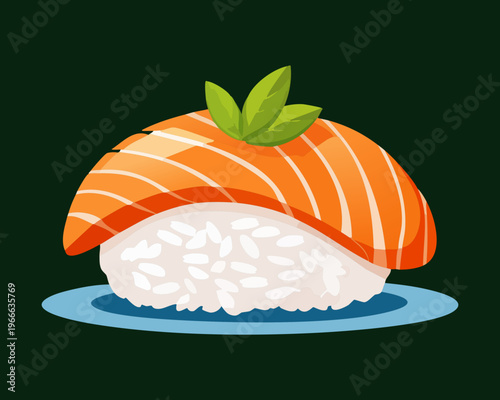 Fresh salmon sushi nigiri with green herb garnish for authentic japanese seafood restaurant menu and asian culinary design - Vector Illustration