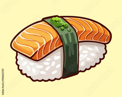 Salmon sushi nigiri wrapped with nori seaweed belt for authentic japanese seafood restaurant menu and asian culinary art - Vector Illustration