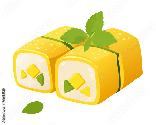 Tamagoyaki japanese rolled omelet with green garnish for traditional breakfast and bento box side dish menu design - Vector Illustration