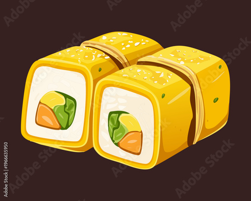 Sliced tamagoyaki japanese rolled egg omelet with filling for authentic breakfast and bento box side dish illustration - Vector Illustration