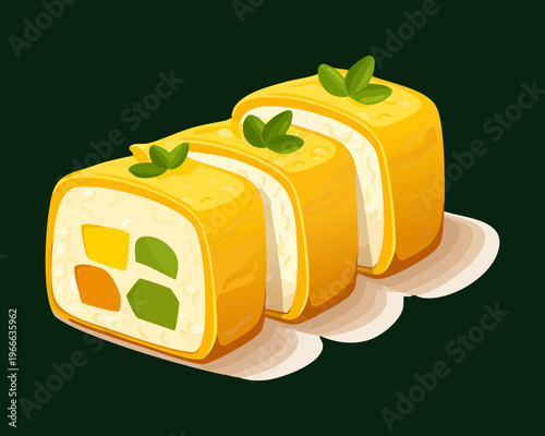 Delicious tamagoyaki japanese rolled omelet slices for authentic breakfast and bento box side dish restaurant menu design - Vector Illustration