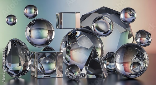 Abstract composition of reflective spheres and geometric shapes with metallic sheen