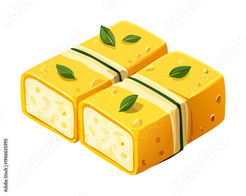 Rectangular tamagoyaki japanese rolled egg omelet blocks for traditional breakfast and bento box side dish menu illustration - Vector Illustration