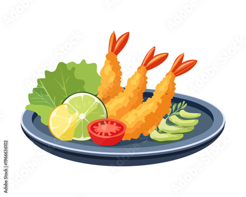Golden ebi furai fried shrimp served with salad and tomato for traditional japanese seafood restaurant menu design - Vector Illustration