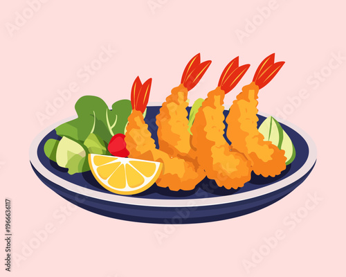Delicious ebi furai deep fried shrimp with fresh lettuce and lemon for authentic japanese seafood culinary illustration - Vector Illustration