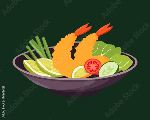 Crispy ebi furai fried shrimp platter with fresh vegetables and lemon for japanese seafood restaurant menu branding - Vector Illustration