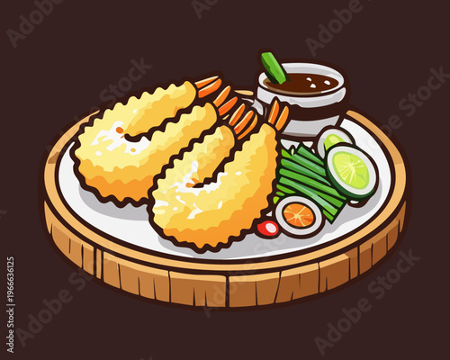Golden ebi furai fried shrimp platter with dipping sauce and vegetables for traditional japanese seafood culinary design - Vector Illustration