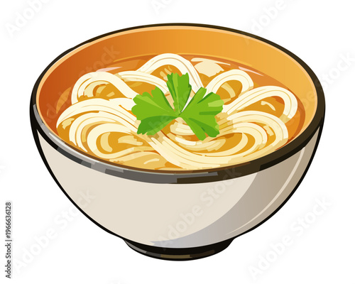 Warm udon noodle soup with green onions in ceramic bowl for traditional japanese comfort food menu design - Vector Illustration