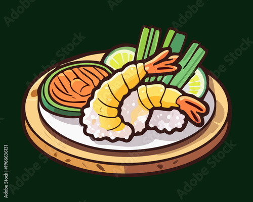 Delicious ebi furai deep fried shrimp served with vegetables and herbs for authentic japanese seafood restaurant menu - Vector Illustration