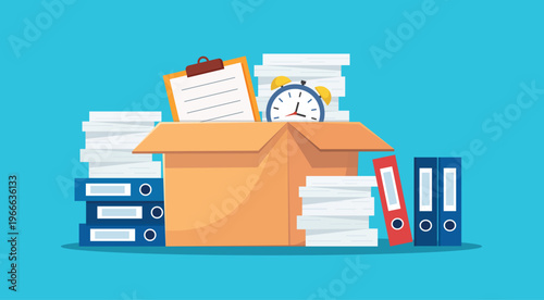 Cardboard Box with Papers and Folders Office Supplies vector illustration