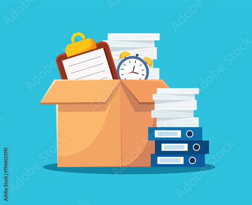 Cardboard Box with Papers and Folders Office Supplies vector illustration