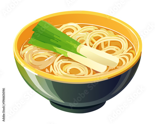Hot udon noodle soup with green onion garnish and chopsticks for traditional japanese culinary experience and menu - Vector Illustration