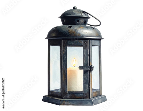 Vintage metal lantern with a burning white candle