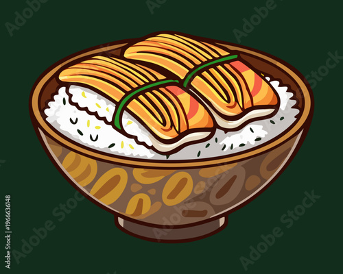 Unagi donburi grilled eel on rice bowl for authentic japanese seafood restaurant menu and culinary branding design - Vector Illustration