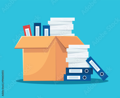 Cardboard Box with Papers and Folders Office Supplies vector illustration