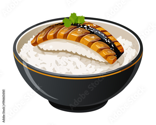 Traditional unagi donburi grilled eel with glaze on rice for authentic japanese seafood restaurant menu illustration - Vector Illustration