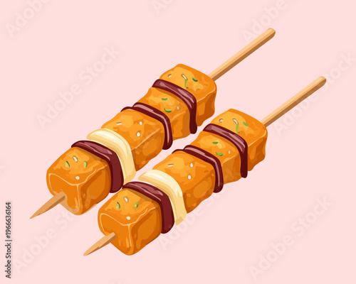 Yakitori grilled tofu skewers with savory glaze for authentic japanese street food snack and restaurant menu branding - Vector Illustration