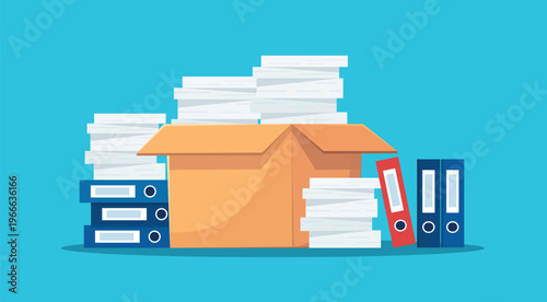 Cardboard Box with Papers and Folders Office Supplies vector illustration