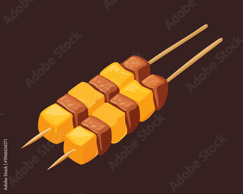 Grilled tofu yakitori skewers with savory sauce for authentic japanese street food snack and culinary menu design - Vector Illustration