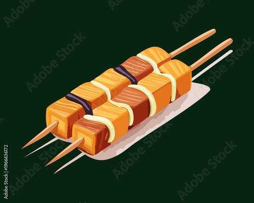Traditional yakitori skewers with grilled tofu and vegetables for japanese street food snack and restaurant branding - Vector Illustration