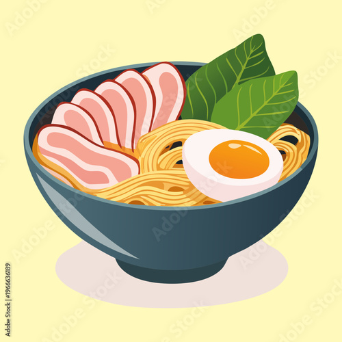 Tasty ramen noodle soup with boiled egg and chashu pork for authentic japanese cuisine restaurant menu branding - Vector Illustration