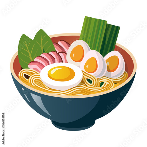 Savory ramen noodle soup with boiled egg and green onions for traditional japanese restaurant menu and branding - Vector Illustration