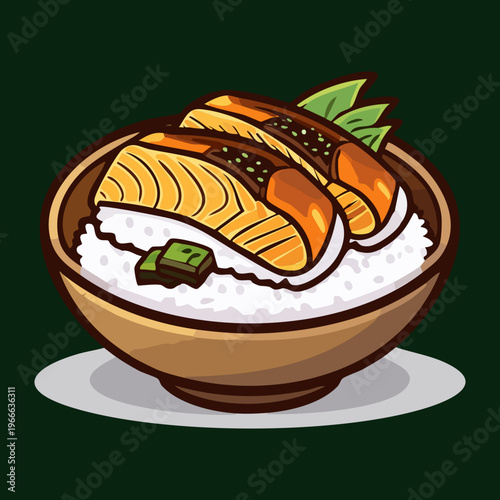Tasty grilled eel donburi on rice bowl for authentic japanese seafood restaurant menu and culinary branding design - Vector Illustration