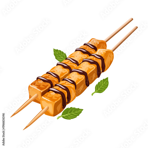 Grilled chicken yakitori skewers with savory soy glaze and fresh green herb garnish for traditional Japanese street food - Vector Illustration