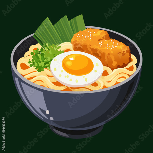 Japanese ramen noodle soup with boiled egg and fried cutlet in a dark bowl for authentic dining experience - Vector Illustration