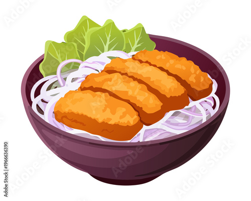Crispy breaded cutlets served over fine noodles and fresh lettuce for a light yet crunchy lunch option - Vector Illustration